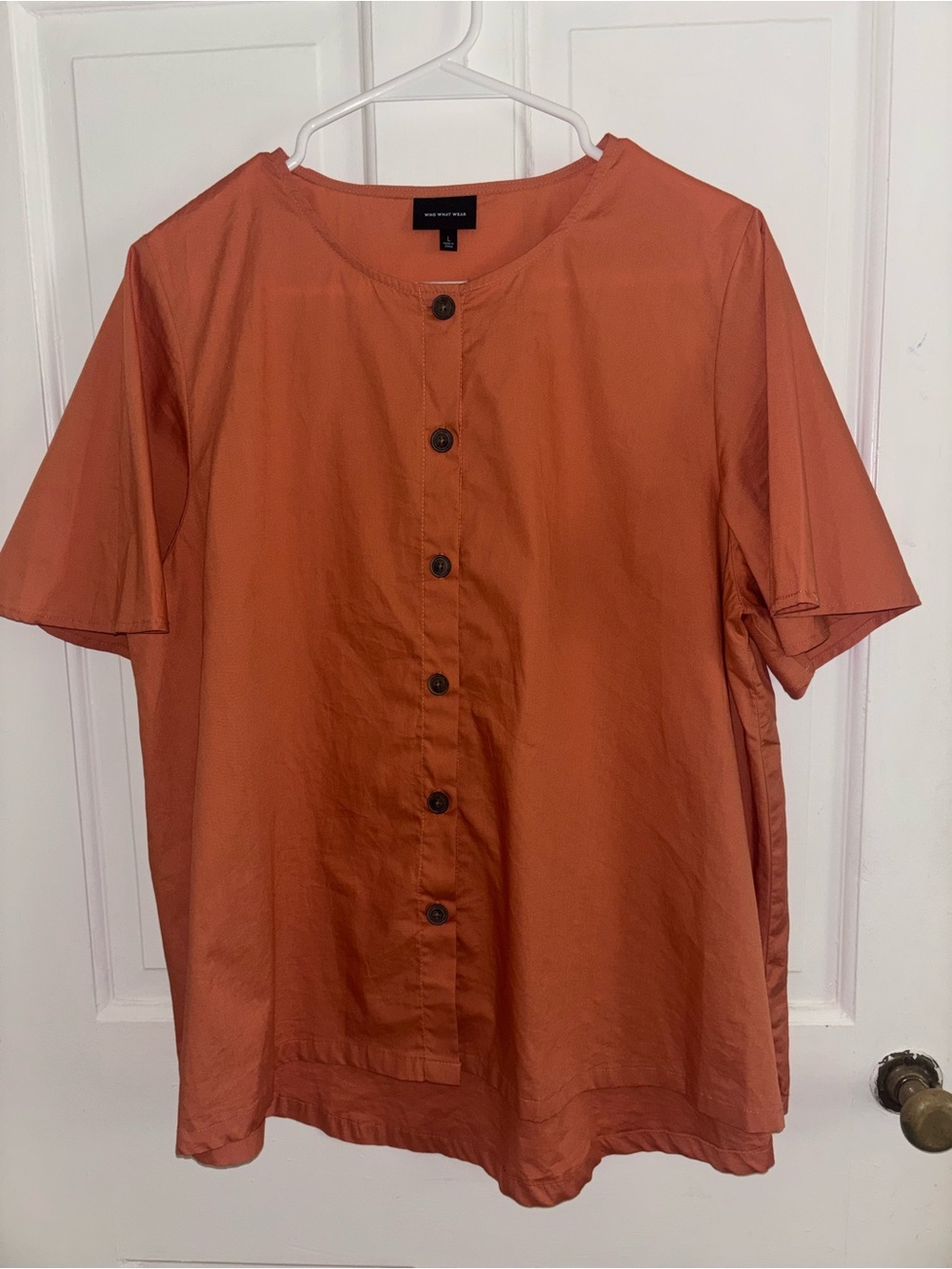 Who What Wear Large Rust Orange 100% Cotton Button Front Flutter Sleeve Shirt